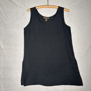 Harari Black S 100% Silk Scoop Neck Tank Top Sleeveless Side‎ Slit Made in USA
